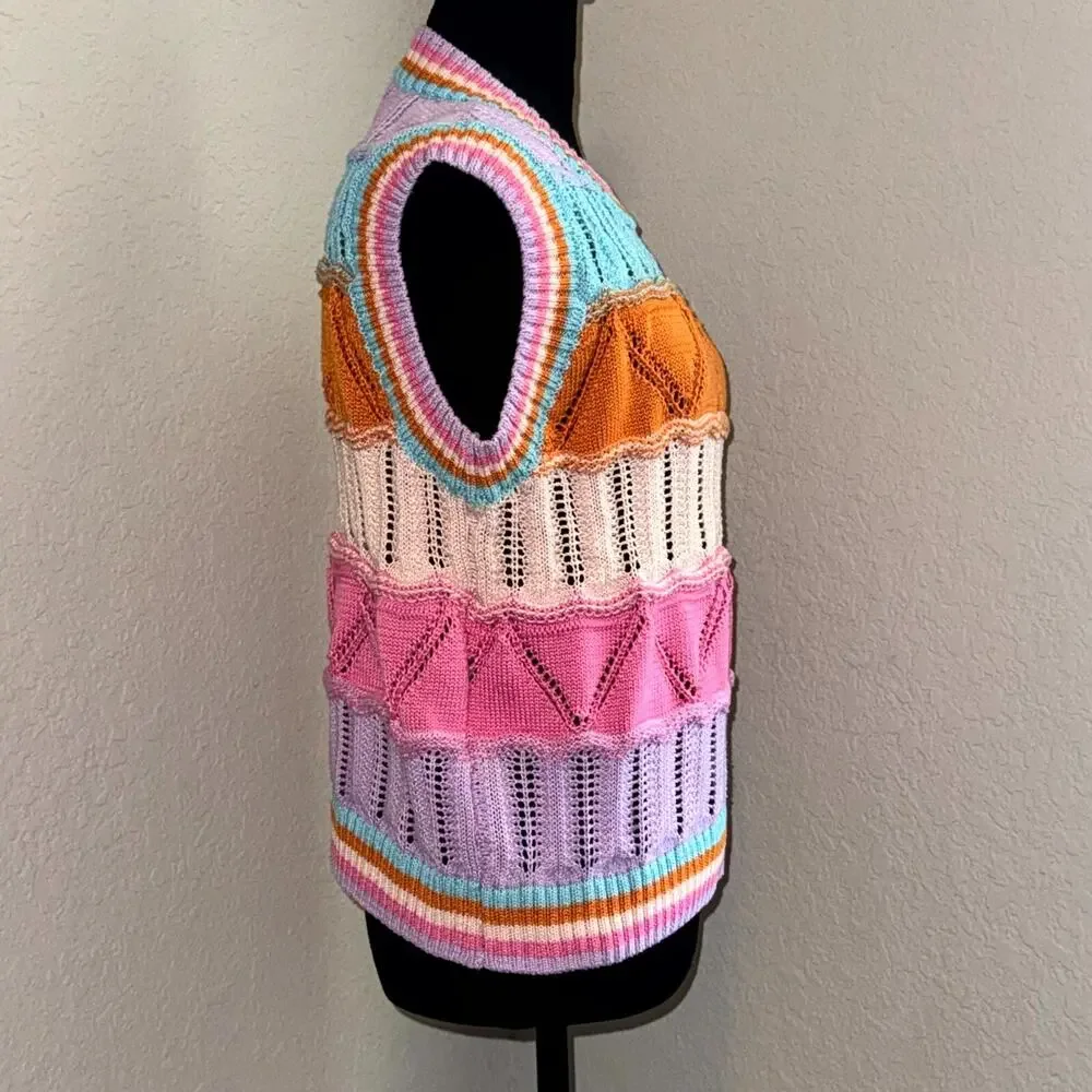 Grace & Karma Short Sleeve Sweater Women's XL Multicolor Striped Crochet Knitted